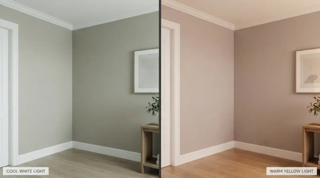 Edgecomb Gray paint problem comparison showing green undertone versus pink undertone
