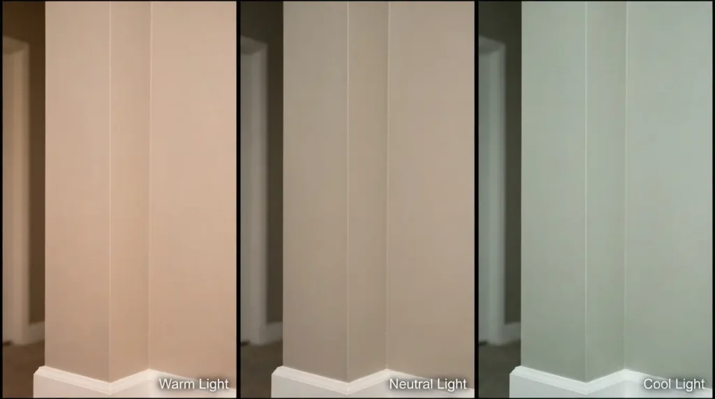 Edgecomb Gray wall color showing green, beige, and pink undertones in different lighting
