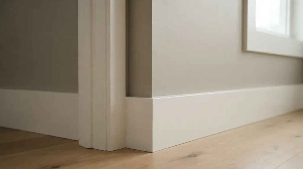Edgecomb Gray wall paired with White Dove trim in a corner detail shot
