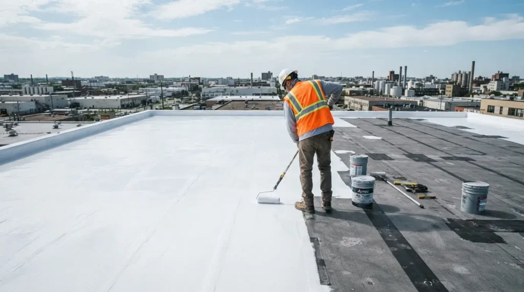 Applying silicone coating on flat roof membrane