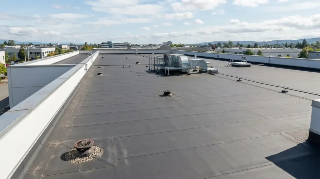 Flat roof maintenance overview showing drains and flashing