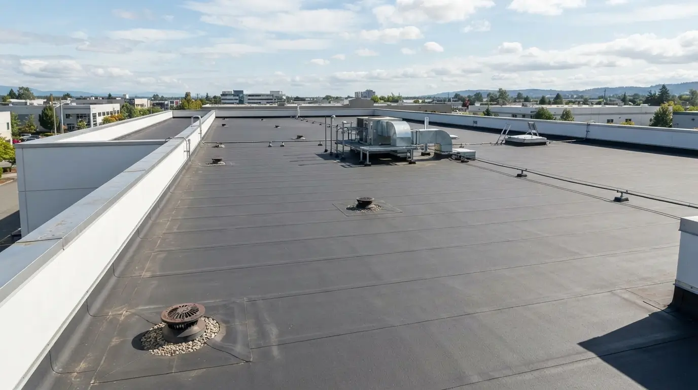 Flat roof maintenance overview showing drains and flashing