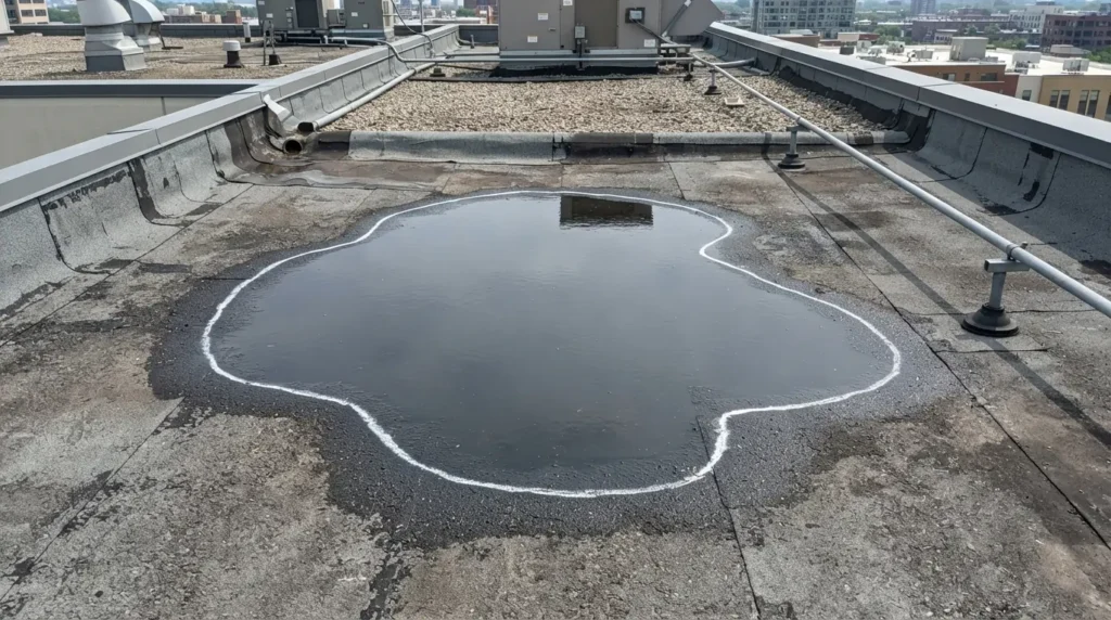 Standing water test on flat roof with chalk outline
