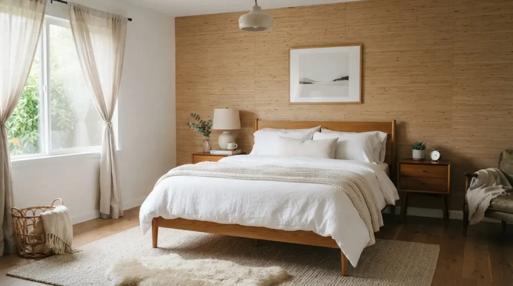 Grasscloth wallpaper used on a bedroom accent wall behind a bed
