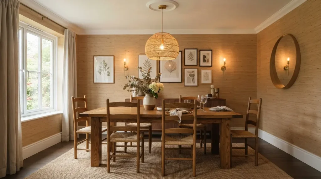 Grasscloth wallpaper in a dining room paired with wood dining furniture