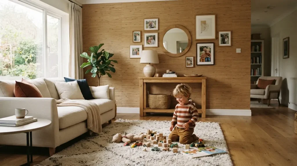  Family living room with grasscloth wallpaper and children playing safely nearby
