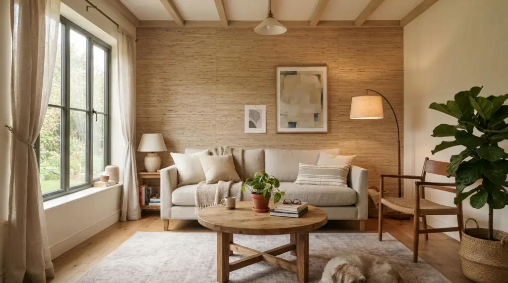 Grasscloth wallpaper accent wall in a modern living room with natural texture
