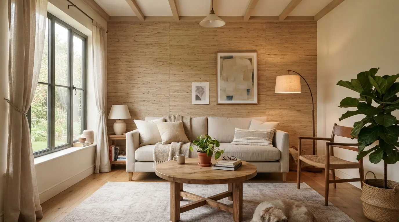 Grasscloth wallpaper accent wall in a modern living room with natural texture