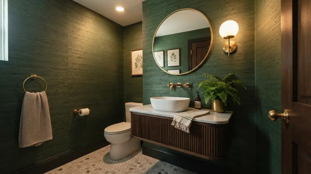 Faux grasscloth wallpaper in a small powder room with good ventilation
