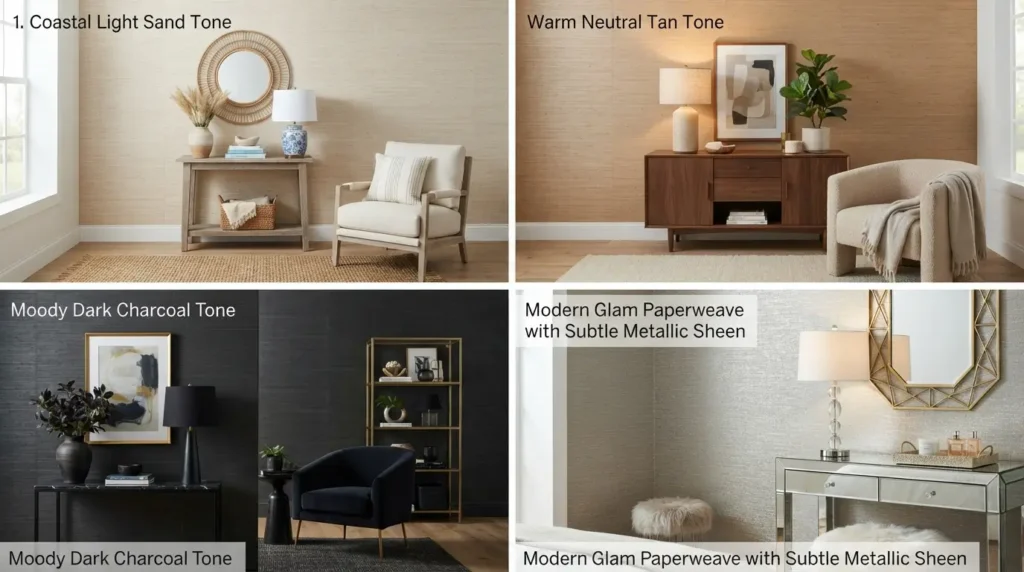 Four grasscloth wallpaper style options for coastal warm neutral moody and modern glam rooms