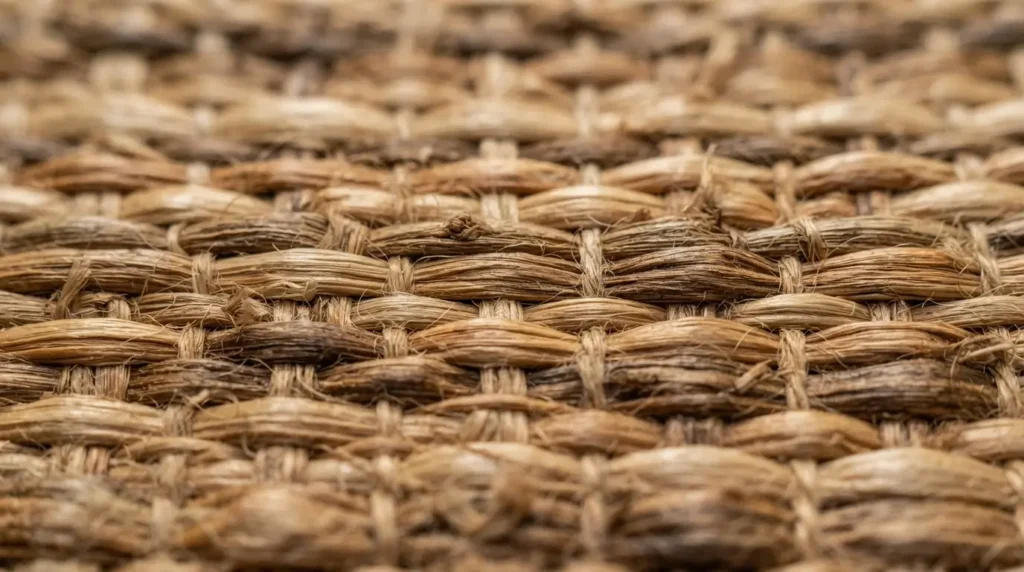 Close up of woven natural fiber texture on grasscloth wallpaper
