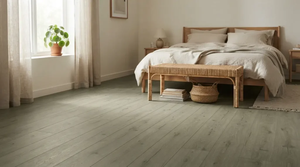 Soft grey green laminate flooring in a calm bedroom with linen bedding