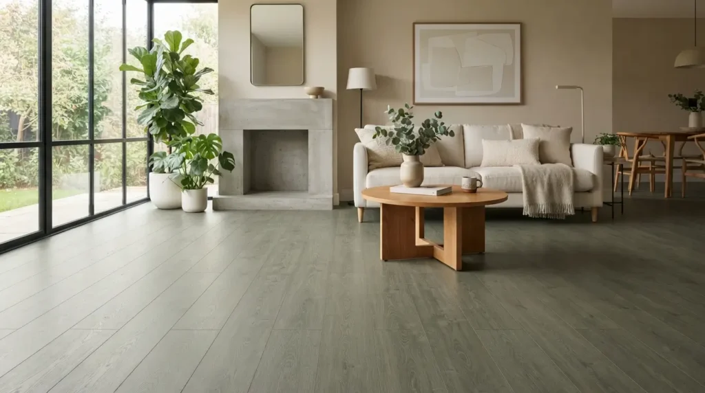 Grey green laminate flooring in a bright living room with a cream sofa and oak table