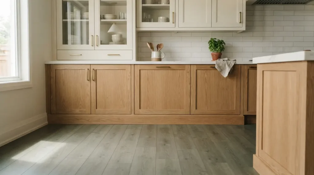 Grey green laminate kitchen floor with warm oak cabinets and a white countertop