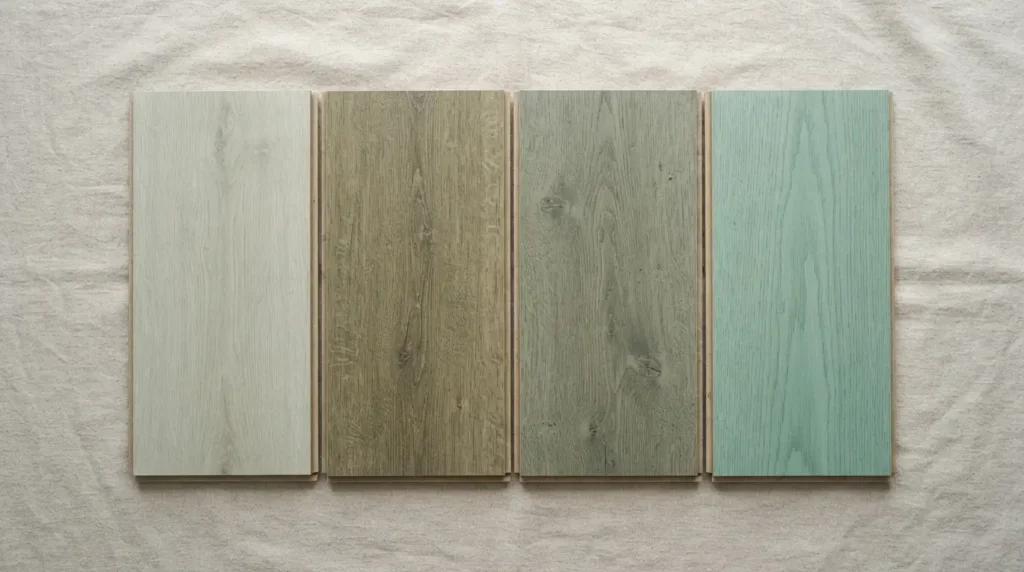 Four grey green laminate plank samples in sage, olive, fern, and sea glass tones