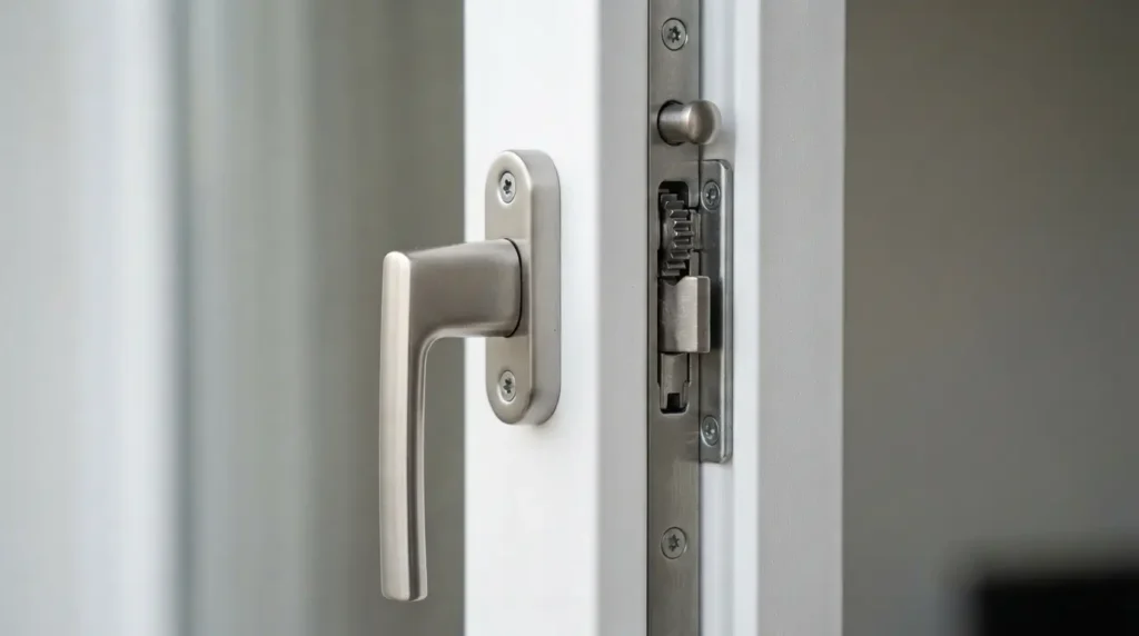 Close up of a multi point lock securing a hinged window
