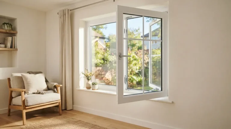 Hinged windows guide showing an open casement window in a modern home