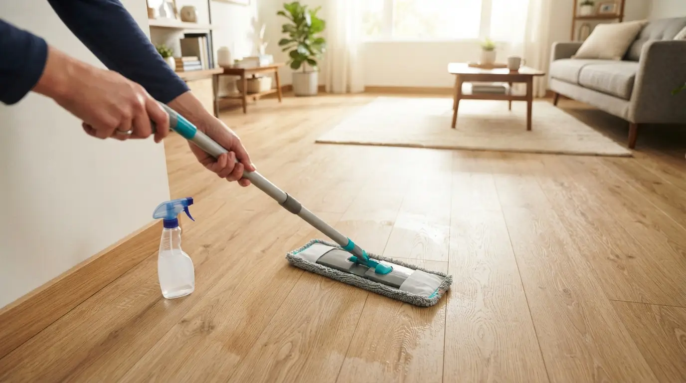 How to clean laminate floors properly with a microfiber mop in a bright living room