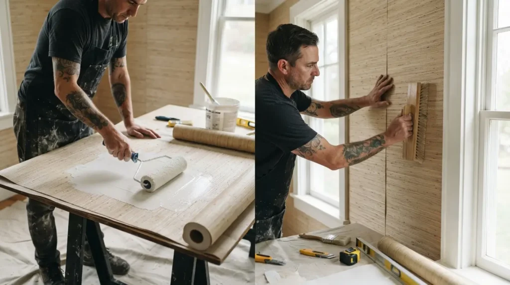 Installer applying adhesive and hanging grasscloth wallpaper panel on wall
