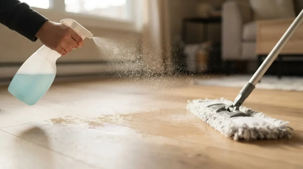 Misting a laminate floor lightly before mopping with a microfiber pad
