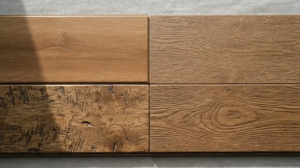 Four laminate surface textures: smooth, embossed, hand-scraped, and embossed-in-register
