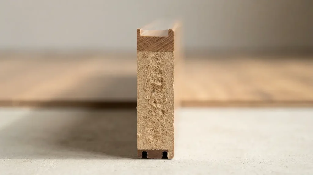Cut edge of a laminate plank showing the wear, decor, core, and backing layers
