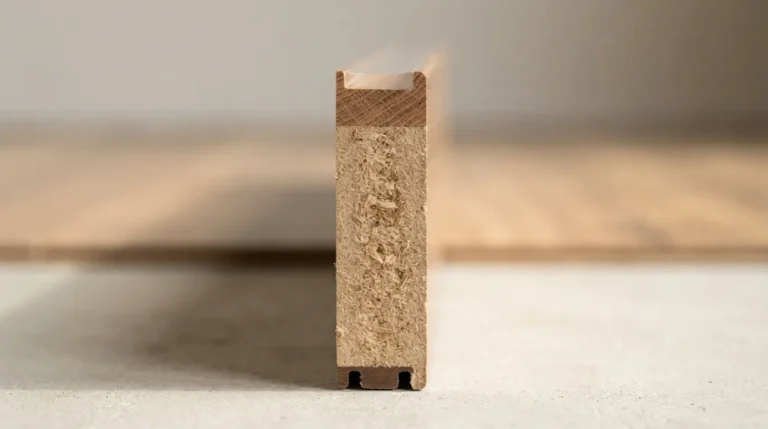 Cut edge of a laminate plank showing the wear, decor, core, and backing layers