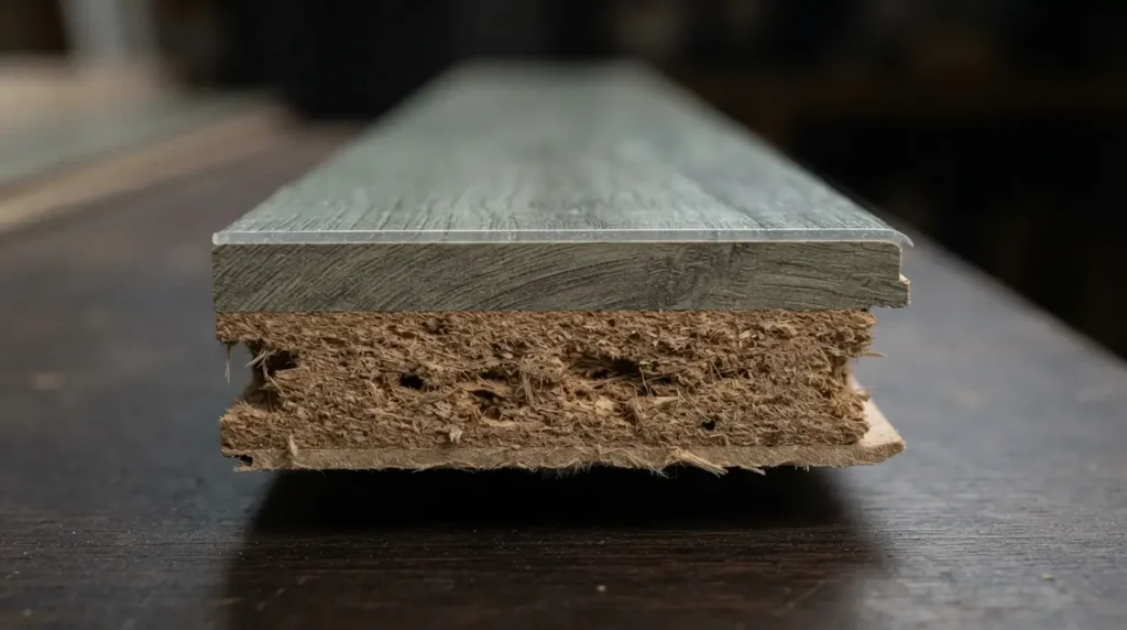 Close-up of a grey green laminate plank edge showing the wear layer and core