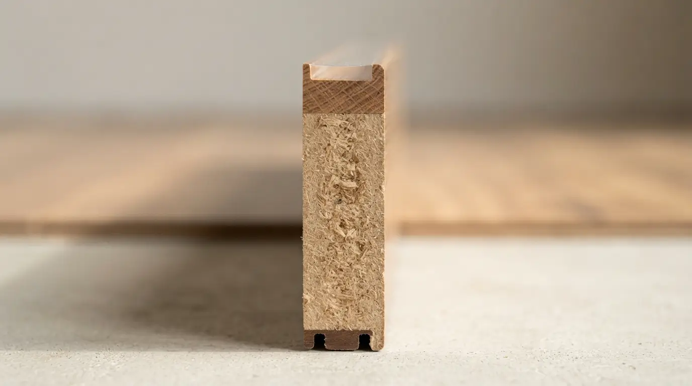 Cut edge of a laminate plank showing the wear, decor, core, and backing layers