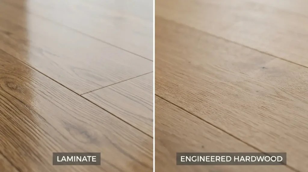 Side by side comparison of laminate flooring texture versus engineered hardwood grain
