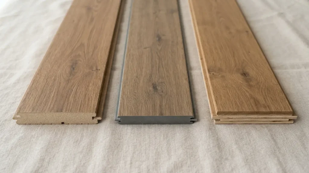 Three flooring planks side by side showing laminate, luxury vinyl, and engineered wood edges
