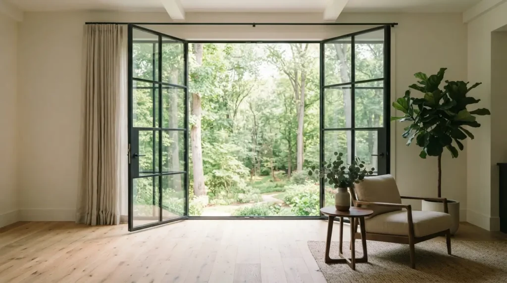  Large picture window that opens using an oversized casement design
