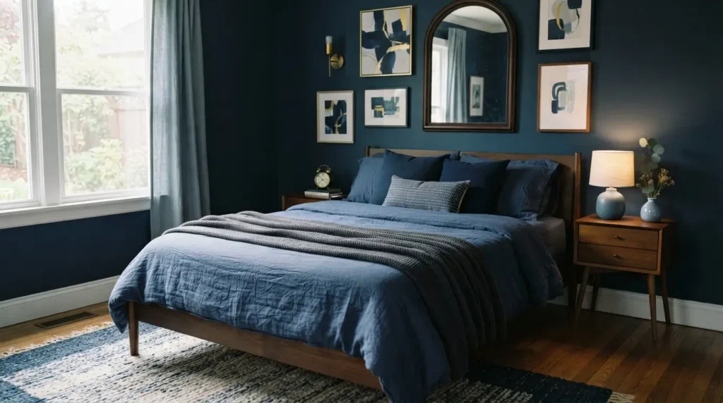 Bedroom layering multiple navy blue tones in walls and bedding