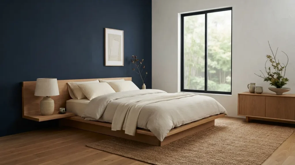 Modern minimalist Japandi bedroom with navy accent and oak wood