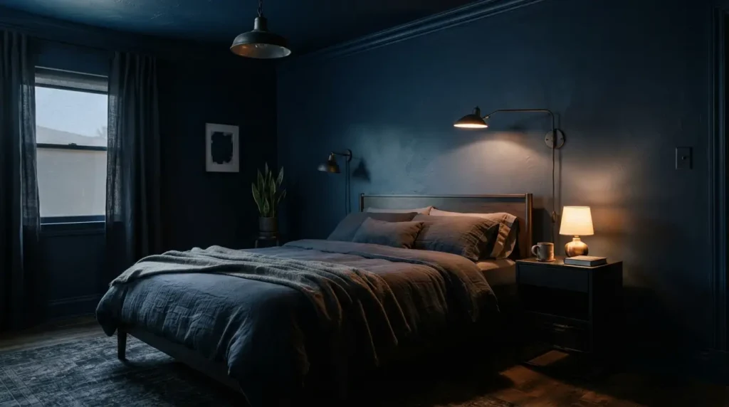 Moody dramatic bedroom with navy walls ceiling and black fixtures