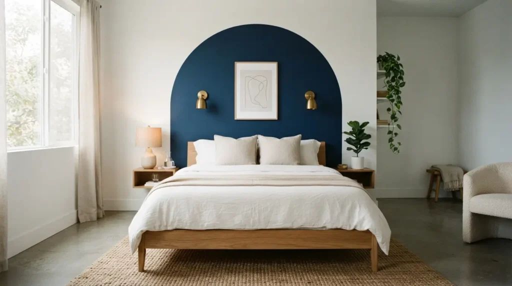 Bedroom with navy painted arch shape behind the bed