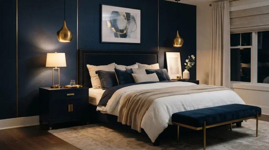 Navy blue bedroom with brass and gold light fixture accents