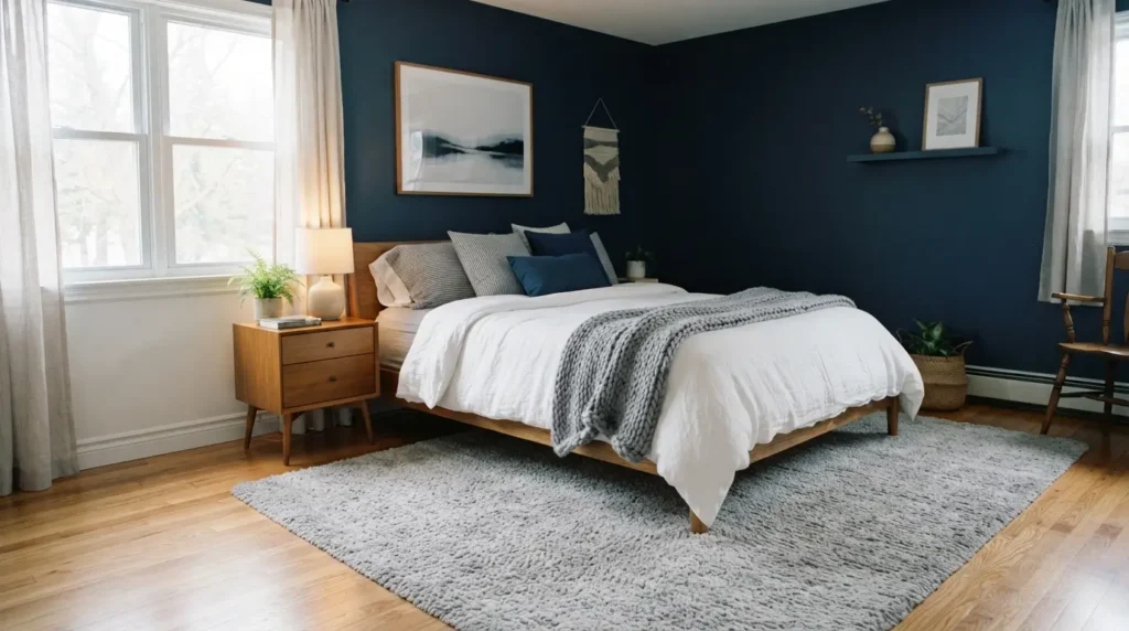 Navy blue bedroom with soft dove grey bedding and rug