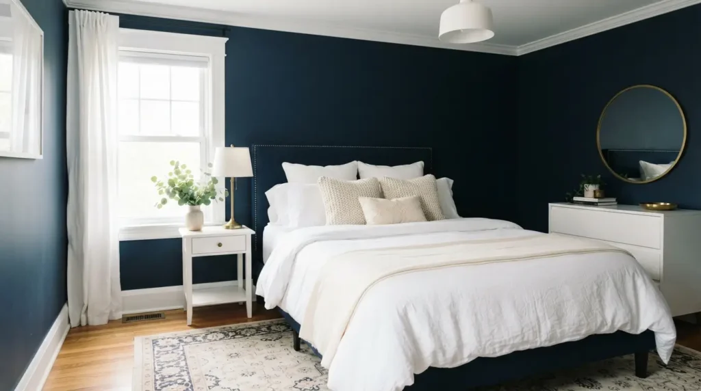 Navy blue bedroom paired with white and cream bedding accents