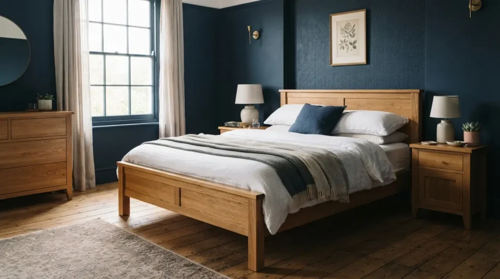 Navy blue bedroom paired with warm oak wood furniture