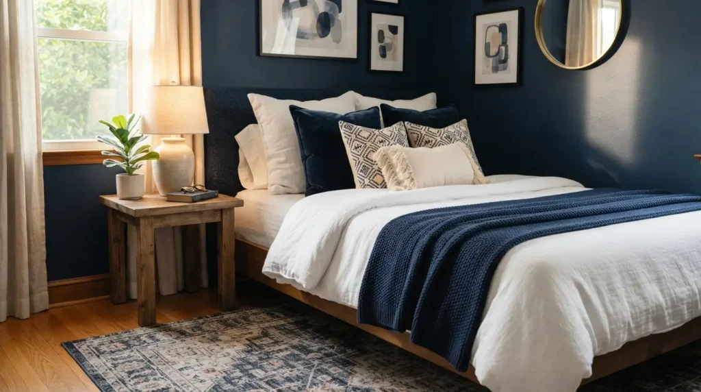 Styled navy blue bedroom vignette with pillows rug and bedspread