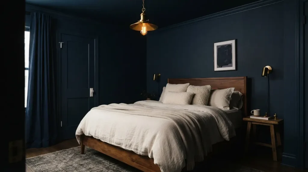 Bedroom fully painted navy including walls, ceiling, and trim