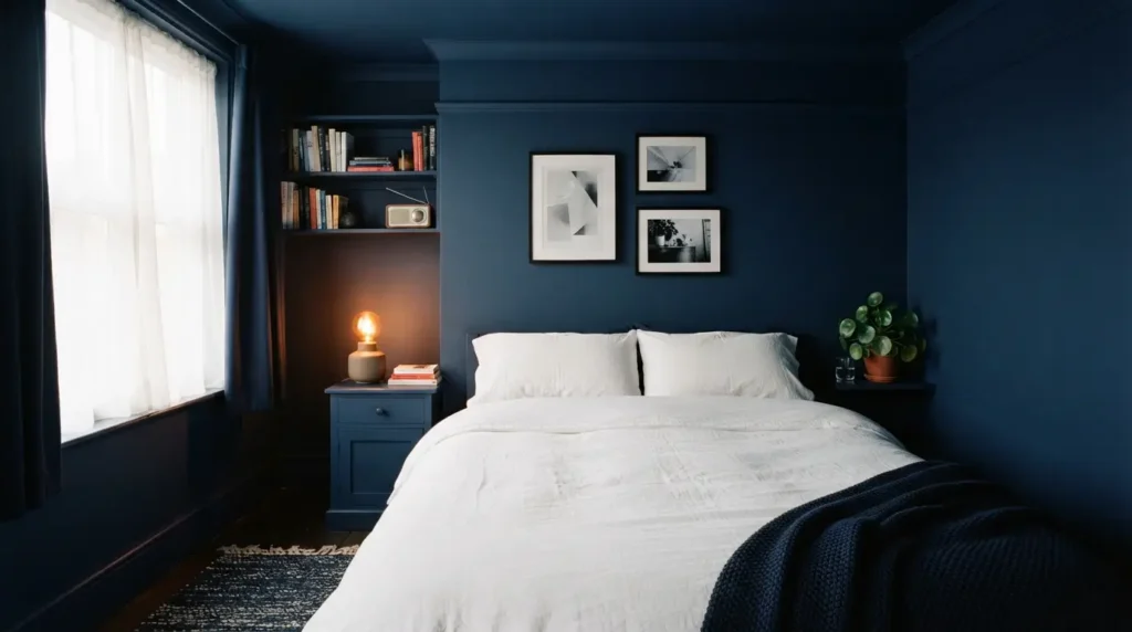 Navy color drenched bedroom with matching walls and ceiling