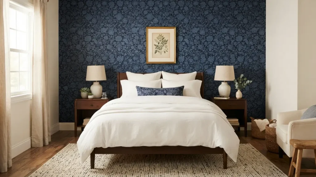 Bedroom accent wall with navy blue floral pattern wallpaper