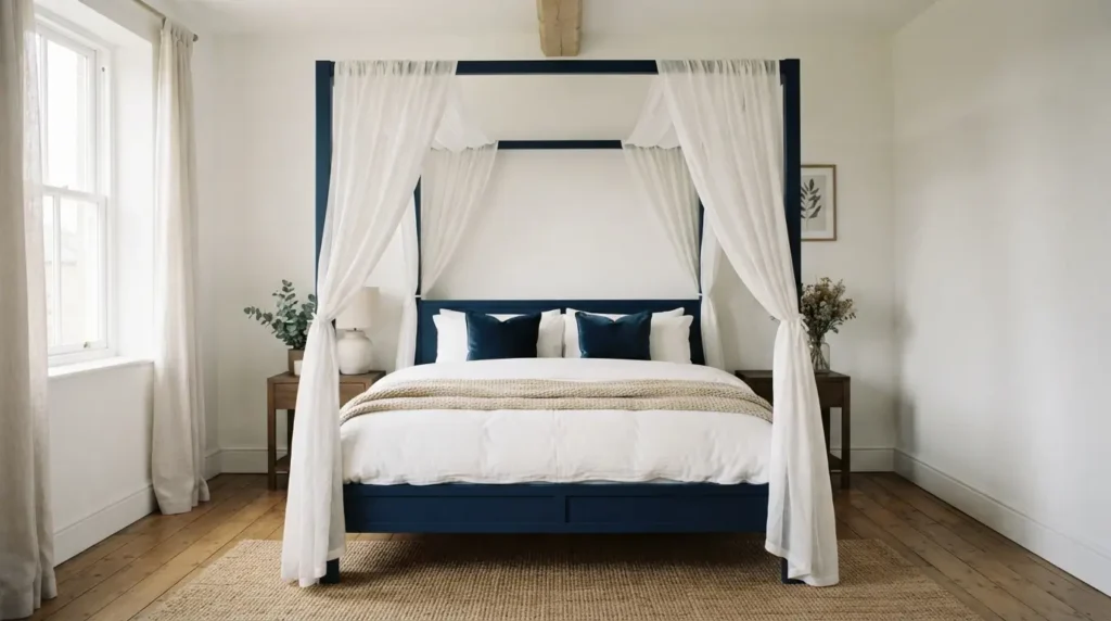 Navy blue four poster canopy bed as bedroom focal point