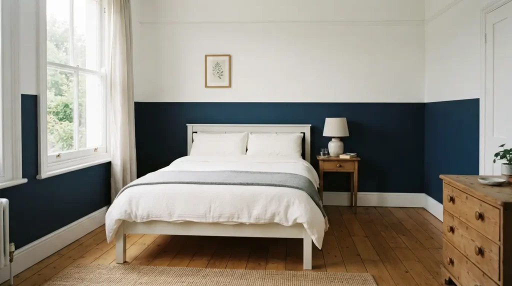 Bedroom with navy painted lower half wall and white upper wall