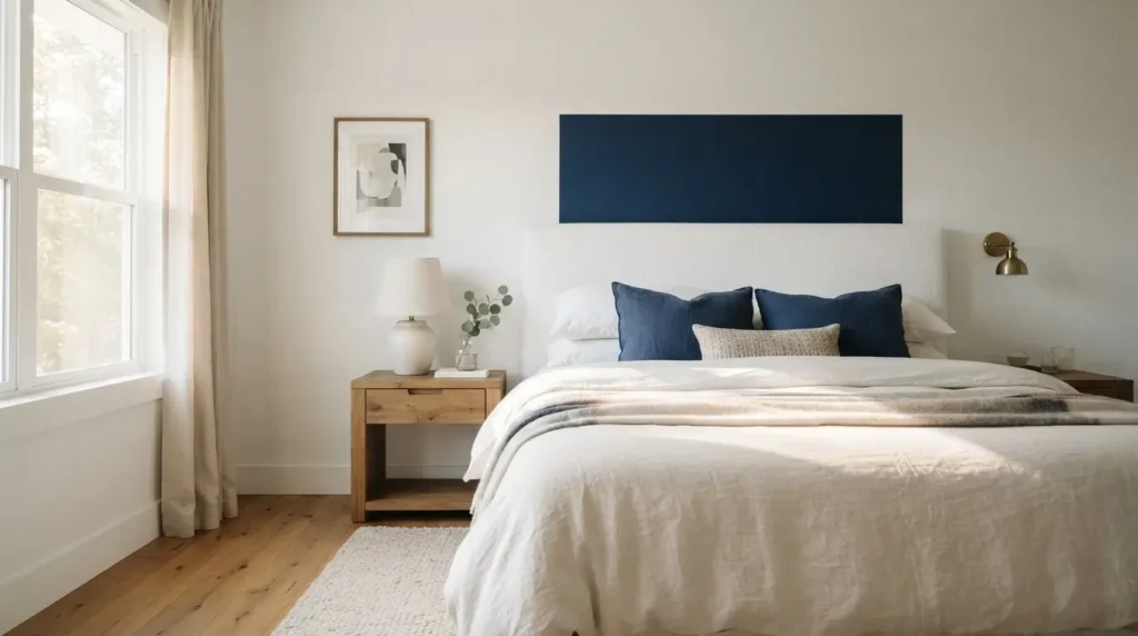 Small navy painted shape behind bed headboard as accent