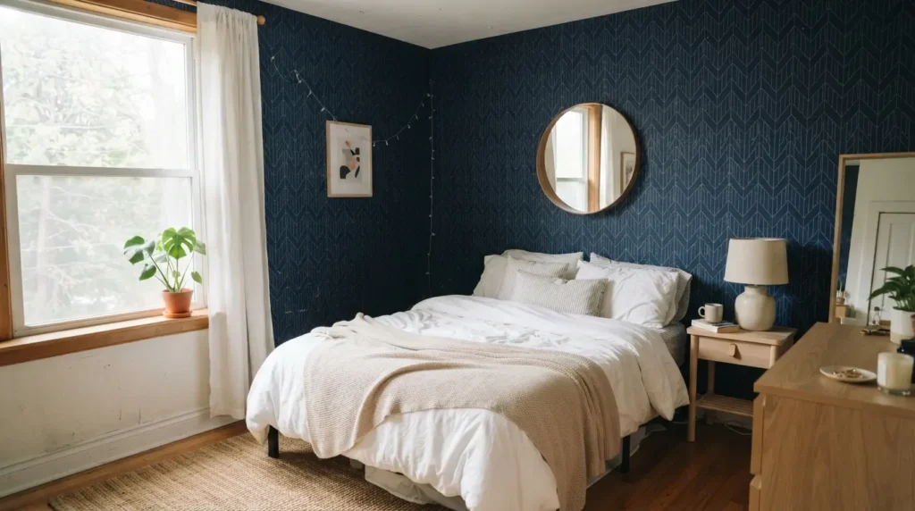 Bedroom with navy peel and stick wallpaper as a renter friendly idea