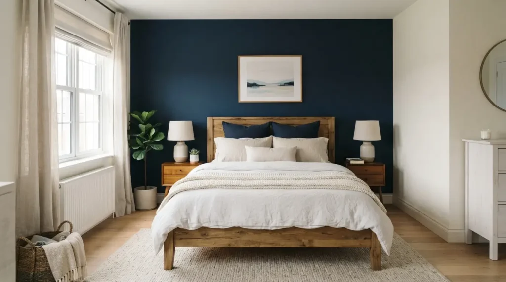 Bedroom with single navy accent wall behind the bed