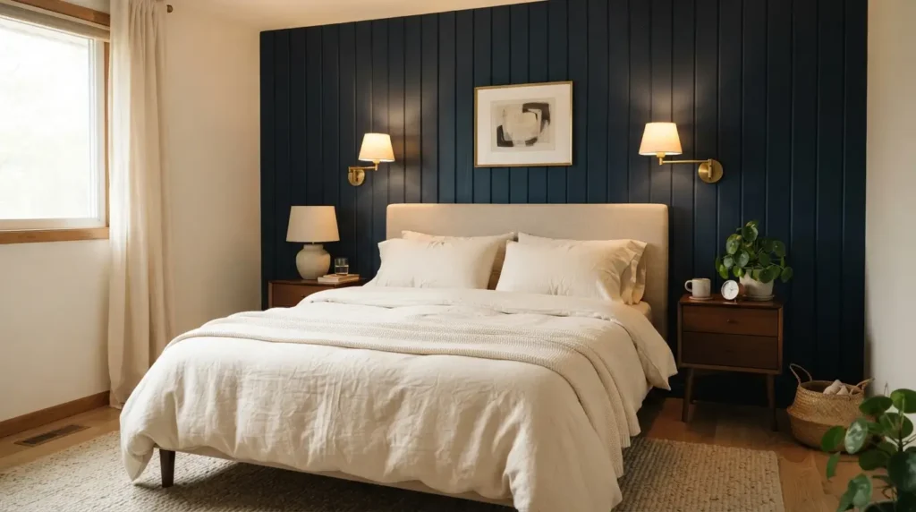 Bedroom with navy painted wood panelling on accent wall